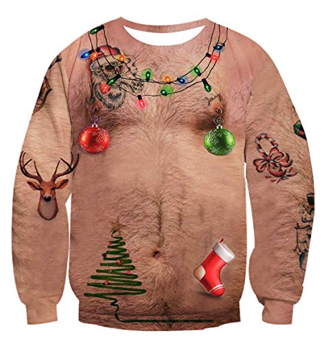 Idgreatim Women Mens Novetly Ugly Xmas Sweater Chest Hair Print Long Sleeve Pullover Christmas Sweatshirt Jumper M