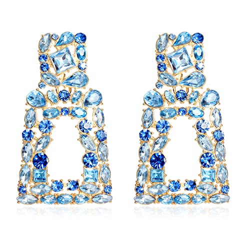 KELMALL Sparkly Rhinestone Rectangle Dangle Earrings for Women Crystal Geometric Drop Trendy Statement Earrings-Light Blue