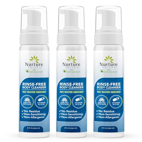 Nurture Rinse Free Waterless Foaming Cleanser | Women, Camping, Elderly & Hospital Care | Waterless Shower & Bath Wash w/Aloe for Sensitive Dry Skin