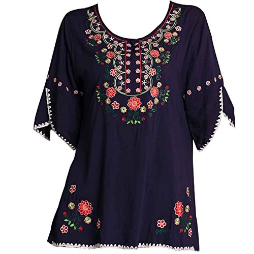 Ashir Aley Bell Sleeve Womens Girls Embroidered Peasant Tops Mexican Bohemian Blouses (XL,Navy Blue)