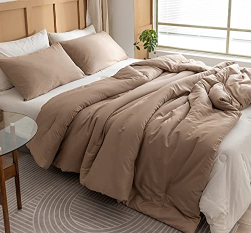 ROSGONIA Queen Comforter Set Taupe Brown, 3pcs(1 Boho Tan Comforter & 2 Pillowcases) All Season Soft Bedding Lightweight Bedspread Blanket Quilt Gifts
