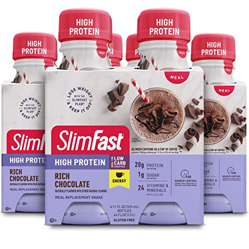 SlimFast Advanced Energy High Protein Meal Replacement Shake, Rich Chocolate, 20g of Ready to Drink Protein with Caffeine, 11 Fl. Oz Bottle, 4 Count (Pack of 3) (Packaging May Vary)