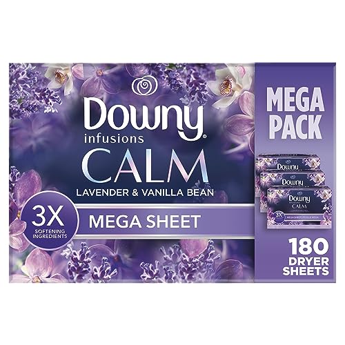 Downy Infusions Mega Dryer Sheets, Laundry Fabric Softener, CALM, Lavender and Vanilla Bean, 180 Count