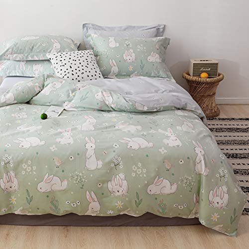 BlueBlue Rabbit Kids Duvet Cover Set Queen, 100% Cotton Bedding for Boys Girls Teens, Cartoon White Rabbit Flower Cute Pattern Print on Light Green, 1 Full Comforter Cover 2 Pillow Shams (Queen)
