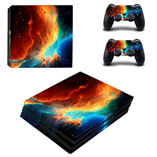 FOTTCZ Full Body Orange and Blue Cosmic Nebular Protective Vinyl Skin Decal for PS4 Pro Console and 2PCS Controller Skins