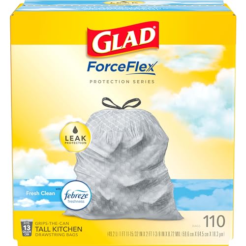 Glad Trash Bags, ForceFlex Tall Kitchen Drawstring Garbage Bags, 13 Gal, Fresh Clean Scent with Febreze, 110 Ct