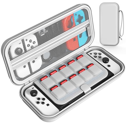Mooroer Switch Carrying Case Compatible with Nintendo Switch/Switch OLED Console, White Protective Hard Portable Switch Travel Case Shell Pouch with 10 Games Cartridges for Accessories and Games