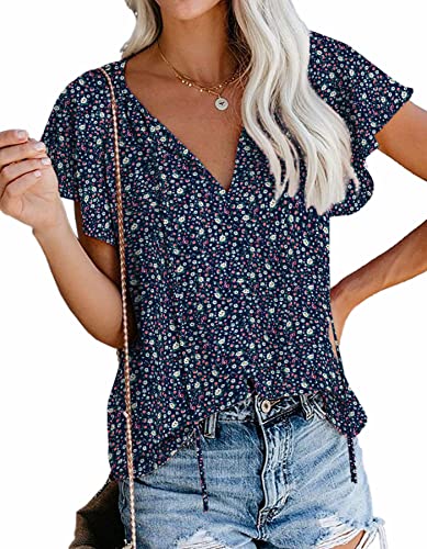 SimpleFun Floral Blouses for Women Boho Vacation Ruffle Tied V Neck Casual Summer Tops (Navy Blue,L)