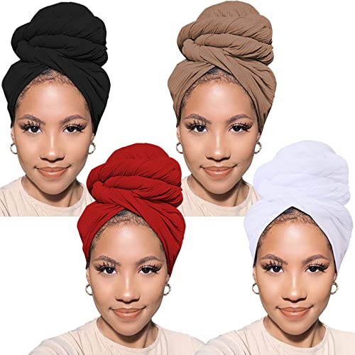 PWEOUKE 4 Packs Stretch Turban Knit Head Wrap Scarf Soft African Headwraps for Women Solid Color Urban Long Breathable Head Band Tie