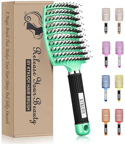 KTKUDY Detangling Brush Boar Bristles Hair Brush Make Hair Shiny & Healthier Curved and Vented Detangler Brush for Women Men Kids Wet & Dry Hair (Light green)