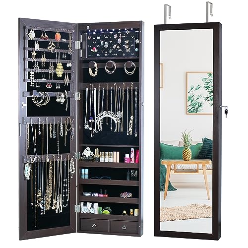 MASMIRE 8 LED Lights Jewelry Armoire with Mirror - 47.3” H Mirror Jewelry Cabinet Door Hanging/Wall Mounted Mirror With Storage And 2 Drawers - Brown