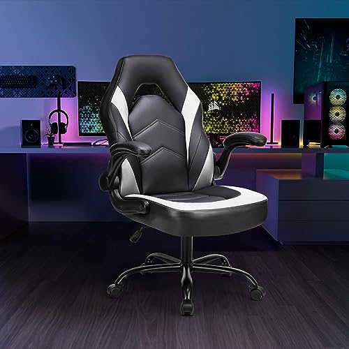 puraday Gaming Chair Seat Desk Computer Chair Swivel Office Chair Under Comfortable Ergonomic Height Adjustable with Padded Armrests Soft Sturdy Base for Working, Resting 25x27x45 in Black/White