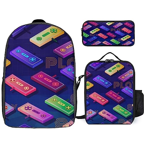 NAWFIVE Rainbow Color Controllers Backpack And Lunch Bag,Pencil Case 3 Set Bag Gamepads Lightweight Casual Daypack for Men Women Work,Travel