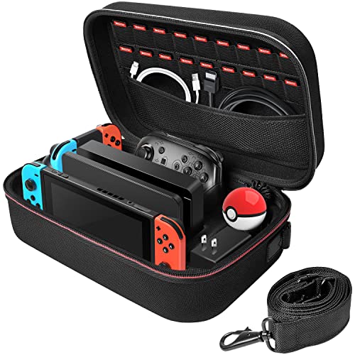 Deruitu Carrying Case Compatible with Nintendo Switch/Switch OLED Model - Portable Travel All Protective Hard Messenger Bag Soft Lining 18 Games for Switch Console Pro Controller & Accessories, Black