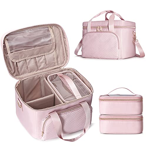 Prokva Travel Makeup Bag with 2 Pouches and Adjustable Dividers, Large Cosmetic Case Make up Organizer for Women Fits Bottles Vertically, Pink (Patented Design)
