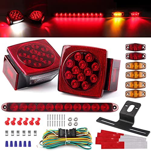 12V Trailer Led Light Kit, 2x Square Led Stop Turn Tail Brake License Plate Running Lights w/ 25ft Wiring Harness/6x Mini Marker Lights/15' 11LED Trailer Tail Brake Light Bar/License Plate Bracket