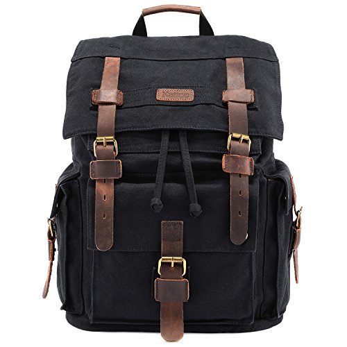 Kattee Men's Leather Canvas Backpack Large Bag Travel Rucksack Black