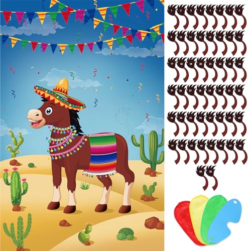 Hxezoc Pin The Tail On The Donkey Party Game with 50 Pcs Tails Large Mexican Donkey Games Poster for Kids Birthday Party Carnival Fiesta Party Supplies