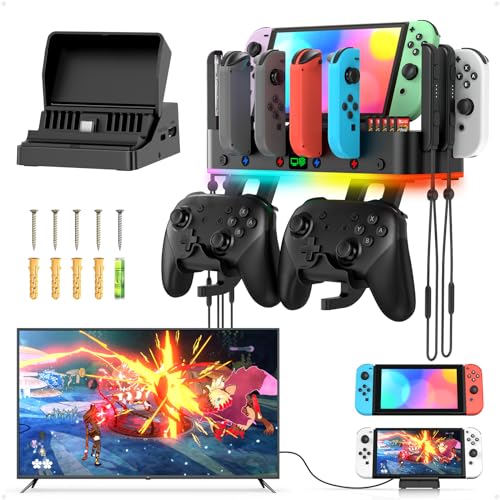 Switch TV Dock Station & Wall Mount for Nintendo Switch/OLED,RGB Switch Charging Dock for Joycon with 4 Controller Charger,1 HDMI2.0, 1 USB 3.0,3 USB 2.0,10 Card Slots, 2 Hooks, 4 Wrist Strap