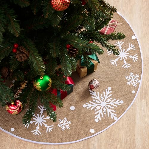 Joiedomi Christmas Tree Skirt with Snowflakes, 36' Rustic Tree Skirt Decoration for Xmas Home Holiday Indoor Outdoor Seasonal Decors