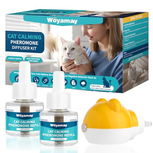 Woyamay Cat Calming Diffuser - Cat Pheromones Calming Diffuser for Cat Anxiety Relief 3-in-1 Cat Pheromone Diffuser Kit with 1 Diffuser + 2 Refill 48ml Vial - 60 Days Pheromone Diffuser to Calm Cats