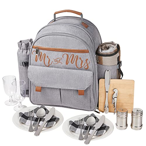 AW BRIDAL 22L Insulated Picnic Basket Camping Accessories Backpack for 2, Gray| Cool Bridal Shower Gifts for Bride Engagement Wedding Gifts, Anniversary Mr & Mrs Gifts for Newly Engaged Couples 2024