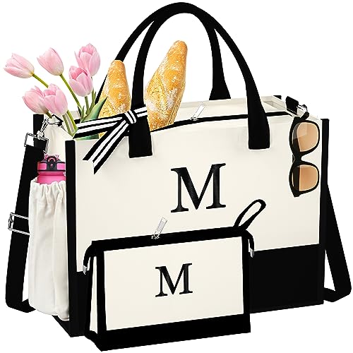 QLOVEA Gifts for Women - Initial Canvas Travel Tote Bag with Makeup Bag, Monogrammed Embroidery Tote with Zipper, Personalized Gifts for Teacher Bridal Shower Hostess Birthday Friends Letter M