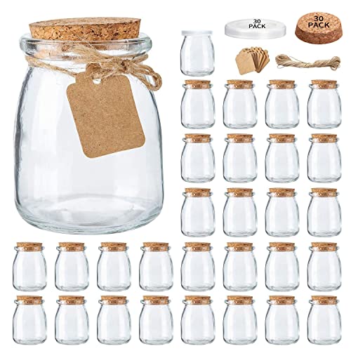 Mini Yogurt Jars 30 Pack, 7 oz Glass Favor Jars with Cork Lids, Pudding Containers with Lids, Mason Jar Wedding Favors Honey Pot with Label Tags and String