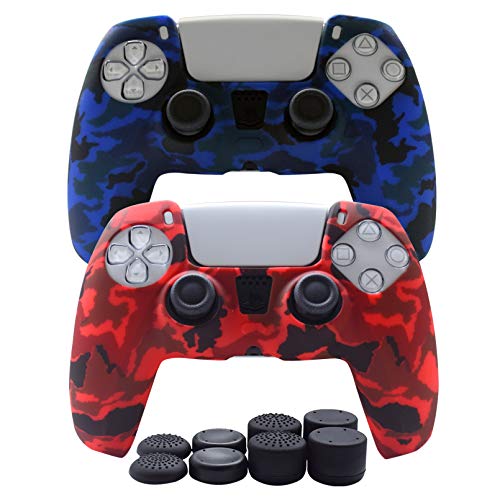 PS5 Controller Skin-Hikfly Silicone Cover for PS5 Controller Grips,Non-Slip Cover for Playstation 5 Controller- 2 x Skin with 8 x Thumb Grip Caps(Blue,Red)