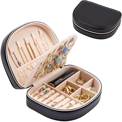 ProCase Travel Size Jewelry Box, Small Portable Seashell-Shaped Jewelry Case, 2 Layer Mini Jewelry Organizer in PU Leather for Women, Mother's Day Gift -Black