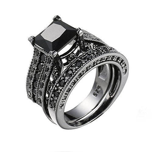 Bokeley Valentine's Day Rings Gift, 2-in-1 Womens Vintage White Diamond Silver Engagement Wedding Band Ring Set(Black,8)