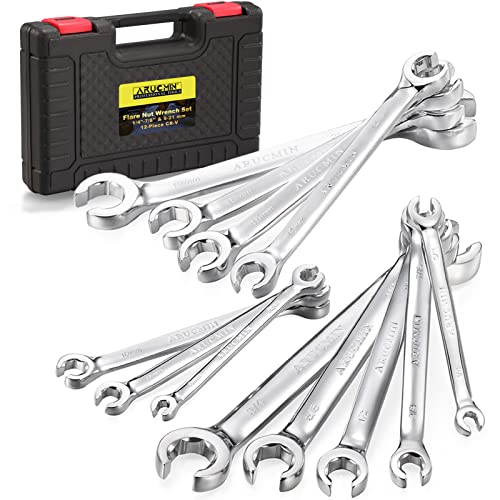 ARUCMIN Flare Nut Wrench Set,12-Piece Chrome Vanadium Steel Line Wrench Set SAE & Metric 1/4'-7/8' and 6-21mm with Organizer Box