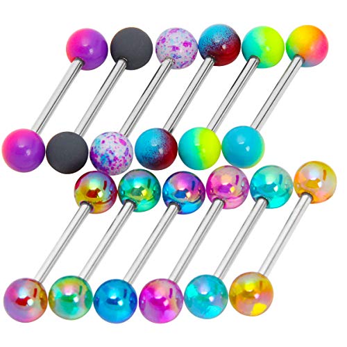 CrazyPiercing 12pcs Colorful Ball Tongue Rings, Stainless Steel Barbell Tongue Ring Retainer or Nipple Ring 14G Bar Length 16mm