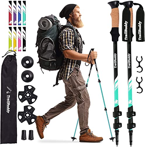 TrailBuddy Trekking Poles - Adjustable Hiking Poles for Backpacking & Camping Gear - Set of 2 Collapsible Walking Sticks, Aluminum with Cork Grip (Aqua Sky)