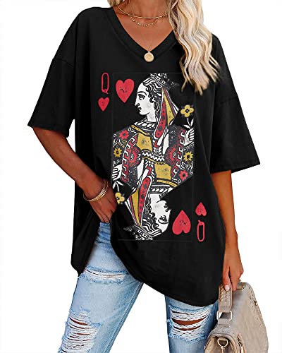 Womens Oversized Queen Of Hearts Graphic T Shirts Casual V Neck Half Sleeve Summer Loose Tees Tunic Tops Black