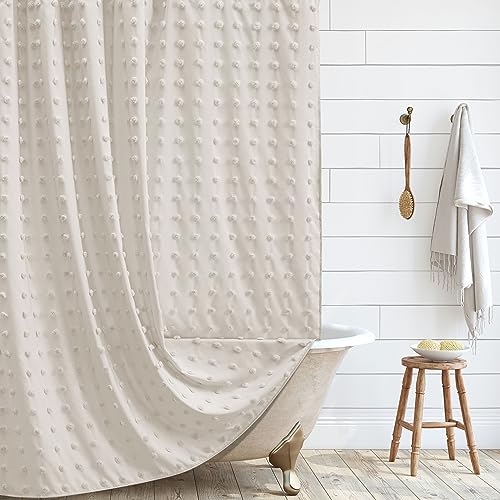 Siiluminisoy Boho Farmhouse Beige Shower Curtain Woven Fabric Cute Shower Curtain, 72 x 72 Tufted Pleat Floral Puffs Textured Modern Farmhouse Minimalist Shower Curtain Set with Hooks for Bathroom