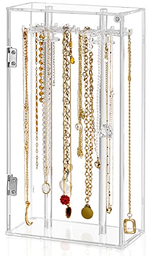 Jenseits Necklace Holder Organizer, Acrylic Jewelry Holder Stand, Rotation Clear Jewelry Storage Hanging W/ 24 Hooks, Dustproof Long Necklaces Pendant Bracelets Display Case Box Gift for Women, Girls