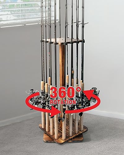 Fishing Rod Holders for Garage 360 Degree Rotating Fishing Pole Rack, Floor Stand Holds up to 16 Rods Wood Fishing Gear Equipment Storage Organizer, Fishing Gifts for Men Women