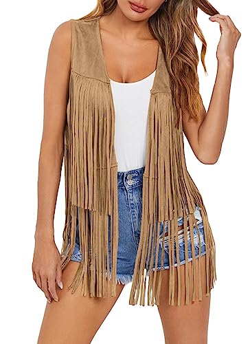 Dokotoo Womens Fall Fashion 2024 Fringe Vest 70s Theme Birthday Party Hippie Costume Rodeo Club Night Cowgirl Western Resort Wear Concert Outfits for Women Summer Vests for Women Khaki Medium