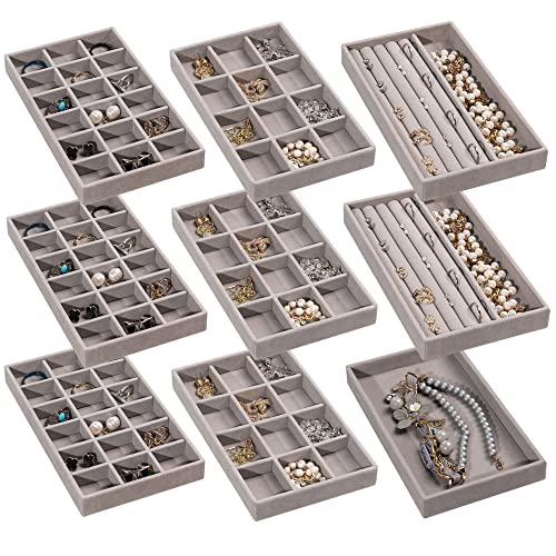 Frebeauty Jewelry Organizer Tray,Stackable Velvet Jewelry Trays,Drawer Inserts Earring Organizer For Women Girls Jewelry Storage Display Case for Rings Stud Necklaces,Set of 9(Grey)