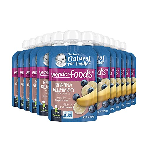 Gerber Baby Food Pouches, Toddler 12+ Months, WonderFoods, Banana Blueberry, 3.5 Ounce (Pack of 12)