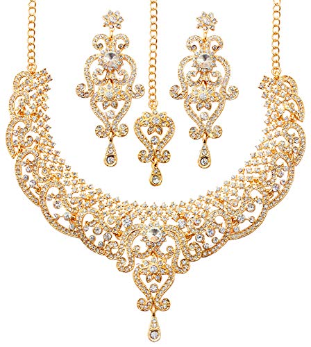 Touchstone Indian jewelry set for women bollywood gold jewellery wedding outfits necklace sets earrings bridal maang tikka fancy costume girls ethnic big desi accessories rhinestone in gold tone