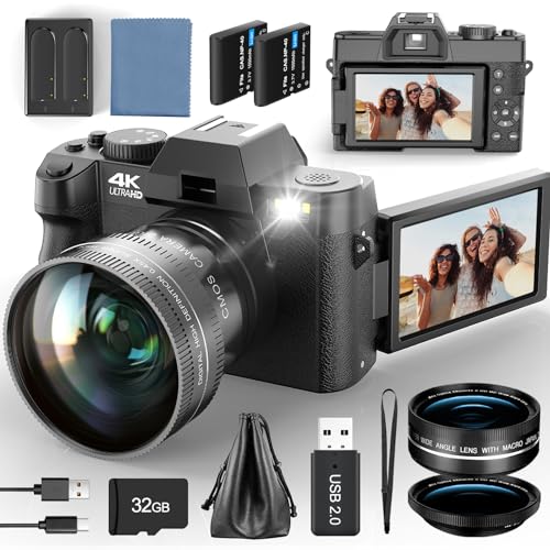 48MP Digital Cameras for Photography, 4K Autofocus Vlogging Camera for YouTube with 32GB TF Card & 2 Batteries,16X Zoom Anti-Shake Video Camera with 52mm Wide Angle and Macro Lens