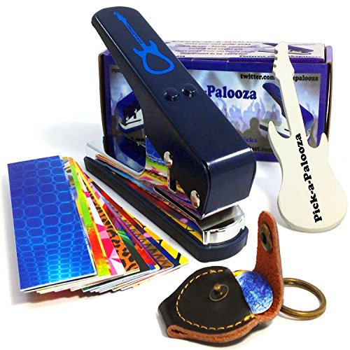 Pick-a-Palooza DIY Guitar Pick Punch Mega Gift Pack - the Premium Guitar Pick Maker - Includes Leather Key Chain Pick Holder, 15 Pick Strips and a Pick File - Blue