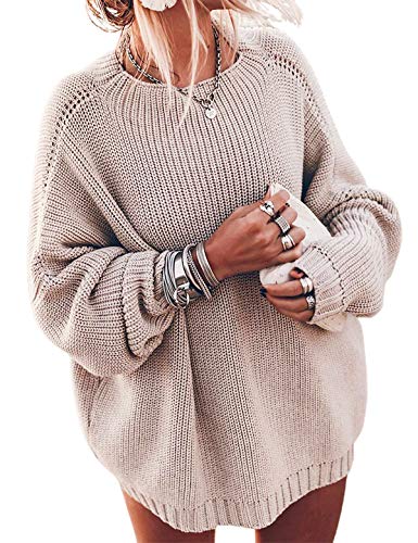 Ugerlov Women's Oversized Sweaters Batwing Sleeve Mock Neck Jumper Tops Chunky Knit Pullover Sweater (Beige, S/M)