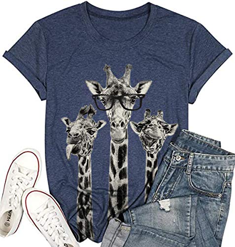 Beopjesk Womens Summer Giraffe Printed T-Shirt Funny Cute Animal Graphic Tees Tops (L, V-Navy)