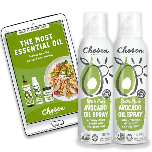 Chosen Foods 100% Pure Avocado Oil Spray, Keto and Paleo Diet Friendly, Kosher Cooking Spray for Baking, High-Heat Cooking and Frying (13.5 oz, 2 Pack) + Digital Recipe Book