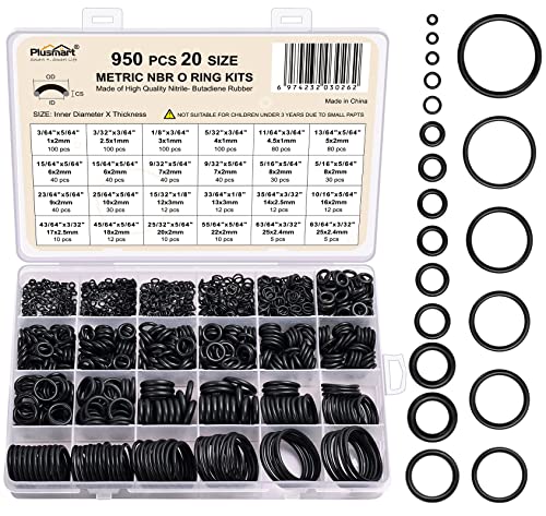 O Ring Kit, 950 Pcs Rubber O-Ring Assortment Kit, Plusmart 20 Sizes Washer Gasket Set for Pressure Washer, Plumbing Sealing Repair, Air or Gas Connections, Resist Oil and Heat
