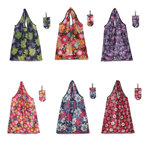 Elephant-package 6 Pcs Foldable Shopping Bags with Hook- Washable- Reusable Grocery Bags with Pouch Tote Bags (Cute Flower Design)