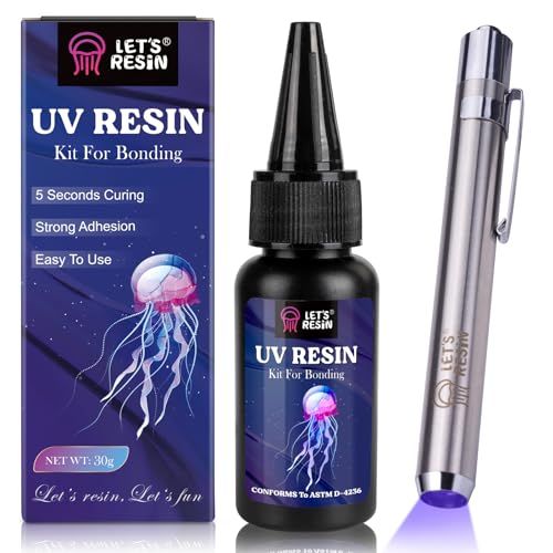 LET'S RESIN UV Resin Kit with Light, Bonding&Curing in Seconds, 30g UV Resin Kit with UV Flashlight for Welding, Jewelry UV Glue Adhesive for Plastic Repair, Glass Light, Craft Decor